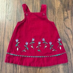 Girls Burgundy Corduroy Dress With Purple Embroidered Tulips Size 2T 100% Cotton